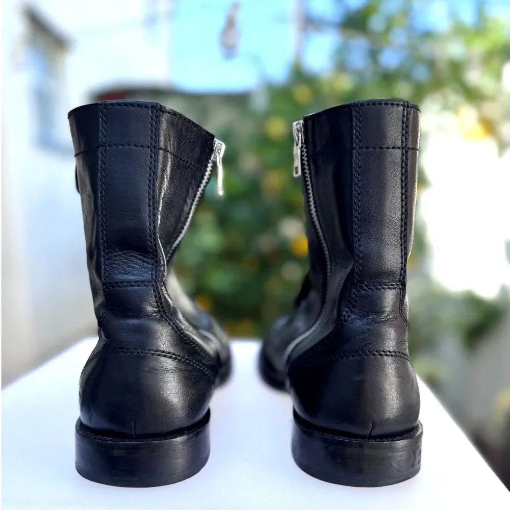 Straight to Hell Division Black 100% Leather Combat Boots SZ 9.5 Silver Side Zip
